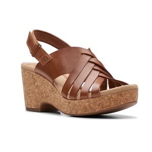 Women's Clarks Giselle Ivy Cork Wedge Heel Leather Strappy Slingback Chestnut